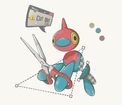  color_guide dotted_line glitch highres holding holding_scissors komugicorn no_humans pokemon pokemon_(creature) porygon-z ringed_eyes scissors sign simple_background warning_sign white_background window_(computing) yellow_eyes 