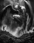  2others absurdres chain chained christopher_stoll cross faceless feathered_wings giant greyscale highres holding holding_cross horns monochrome multiple_others original other_focus rubble shirt sitting smoke wings 