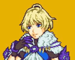  1girl ahoge ascot blonde_hair blue_eyes blue_shirt fire_emblem fire_emblem_engage gloves lowres merrin_(fire_emblem) pixel_art shirt short_hair smile solo tobiki upper_body white_ascot yellow_background 