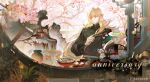  1boy absurdres architecture black_hanfu blonde_hair cherry_blossoms chinese_clothes chinese_commentary closed_mouth commentary_request east_asian_architecture english_text green_eyes hair_between_eyes hand_fan highres holding holding_fan honkai:_star_rail honkai_(series) long_hair looking_at_viewer luocha_(honkai:_star_rail) male_focus miyoushe_watermark solo standing ste7619 