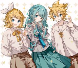  1boy 2girls :d aqua-framed_eyewear aqua_eyes aqua_skirt argyle_background arm_behind_back blonde_hair blush bow braid brown_footwear collarbone double-parted_bangs dutch_angle flower hair_between_eyes hair_bow hair_ornament hairclip hand_up hands_up hatsune_miku highres holding_own_hair kagamine_len kagamine_rin long_hair long_sleeves looking_at_viewer messy_hair migolu multiple_girls one_eye_closed shirt shirt_tucked_in skirt smile twintails v vocaloid white_background white_bow white_shirt x_hair_ornament yellow_nails 