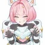  1girl 87maru_96kichi black_bodysuit bodysuit goddess_of_victory:_nikke looking_at_viewer medium_hair noah_(nikke) paw_pose pink_eyes pink_hair pink_nails simple_background smile smug solo teeth upper_body white_background 