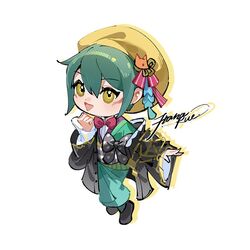  1girl :d alternate_costume beret black_footwear black_haori bow bowtie casual clenched_hand contemporary deformed dress_shirt english_commentary facial_mark full_body green_hair green_kimono grey_haori grey_sash hand_up happy hat hat_ornament japanese_clothes kimono kiriko_(overwatch) obi open_mouth outline outstretched_arm overwatch overwatch_2 red_bow red_bowtie road_233 sash shirt shirt_under_kimono shoes short_hair signature simple_background smile solo tongue white_background white_shirt yellow_eyes yellow_hat yellow_outline 