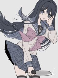  1girl black_hair blue_eyes blue_hair blue_sailor_collar bow bowtie danganronpa:_trigger_happy_havoc danganronpa_(series) glint grey_shirt hair_ornament hairclip highres holding holding_knife holding_weapon knife long_hair long_sleeves maizono_sayaka pink_bow pink_bowtie pleated_skirt raamensusure sailor_collar school_uniform serafuku shirt simple_background skirt solo thigh-highs weapon 