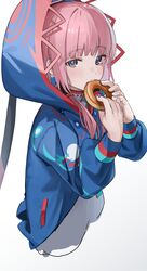  1girl absurdres blue_eyes blue_jacket commentary_request cropped_torso doughnut eating food food_in_mouth from_side hair_tubes hands_up highres holding holding_doughnut holding_food hood hood_up hooded_jacket jacket kaf_(kamitsubaki_studio) kamitsubaki_studio long_sleeves looking_at_viewer medium_hair multicolored_clothes multicolored_eyes multicolored_jacket pink_hair puffy_long_sleeves puffy_sleeves simple_background solo takotousagi virtual_youtuber white_background yellow_pupils 