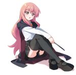  1girl :o arms_on_knees black_cape black_footwear black_skirt black_thighhighs cape commentary_request crossed_legs full_body haru_(konomi_150) holding holding_wand light_blush long_hair long_sleeves looking_at_viewer louise_francoise_le_blanc_de_la_valliere mary_janes open_mouth pink_eyes pink_hair pleated_skirt school_uniform shirt shoes simple_background sitting skirt solo thigh-highs wand white_background white_shirt zero_no_tsukaima 