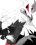  1boy ahoge claws commentary english_commentary fanny_pack gladion_(pokemon) highres hood hoodie looking_at_viewer male_focus open_mouth pokemon pokemon_(creature) pokemon_sm silvally sioma709iie spot_color torn_clothes 