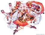  2girls :d age_of_ishtaria bare_shoulders boots bow copyright_notice dress flower frilled_dress frills full_body fur_trim gloves grey_hair hair_ornament heart highres holding ianos_(age_of_ishtaria) long_hair multiple_girls munlu_(wolupus) official_art red_bow red_gloves rose simple_background smile violet_eyes white_background 