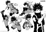  1boy angry belt_pouch blood boku_no_hero_academia boots bright_pupils clenched_hands clenched_teeth freckles gloves greyscale high_kick highres kicking male_focus midoriya_izuku monochrome outstretched_arm pouch scar scar_on_hand simple_background smile solo spiky_hair teeth twitter_username u.a._gym_uniform uniform white_background white_pupils yazaki_(yazakc) 