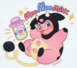  :3 animal animal_focus arms_up artist_name bottle commentary cow doekis english_commentary english_text happy hooves looking_at_viewer lowres milk_bottle miltank moomoo_milk no_humans open_mouth pokemon pokemon_(creature) signature smile sparkle tail udder white_background 