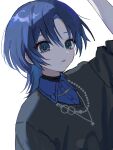  1girl black_sweater blue_eyes blue_hair blue_shirt highres hiodoshi_ao hololive hololive_dev_is jewelry kanpa_(coldwave_knp) looking_at_viewer necklace parted_lips shirt short_hair simple_background solo sweater upper_body virtual_youtuber white_background 