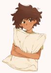  1girl amphibia anne_boonchuy brown_eyes brown_hair closed_mouth cropped_torso dark_skin grey_background head_tilt highres hugging_object jocy3 light_blush light_smile pillow pillow_hug shirt short_hair simple_background solo t-shirt upper_body 