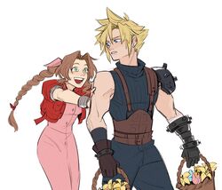  1boy 1girl aerith_gainsborough armor bandaged_arm bandages bangle basket belt black_gloves blonde_hair blue_eyes blue_flower blue_pants blue_shirt blush bracelet braid braided_ponytail breasts brown_belt brown_gloves brown_hair cloud_strife cowboy_shot cropped_jacket dress earrings final_fantasy final_fantasy_vii final_fantasy_vii_rebirth final_fantasy_vii_remake flower flower_basket gloves green_eyes hair_between_eyes hair_ribbon hand_on_another&#039;s_shoulder highres holding holding_basket jacket jewelry lily_(flower) long_dress long_hair medium_breasts multiple_belts open_mouth outstretched_arms pants parted_bangs parted_lips pink_dress pink_flower pink_ribbon puffy_short_sleeves puffy_sleeves pushing red_jacket ribbon shirt short_hair short_sleeves shoulder_armor sidelocks single_bare_shoulder single_braid single_earring single_shoulder_pad sleeveless sleeveless_turtleneck smile spiky_hair suspenders tulip turtleneck unlckdrat upper_body walking wavy_hair white_background yellow_flower 