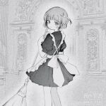  1girl apron broom closed_mouth feet_out_of_frame frilled_apron frills from_behind greyscale highres holding holding_broom knees_together_feet_apart light_frown long_bangs looking_at_viewer maid miniskirt monochrome one_side_up original puffy_short_sleeves puffy_sleeves shirt short_hair short_sleeves sidelocks skirt solo yorunogumo 