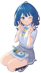  53c_(ray_cordova) absurdres ahoge bento black_socks blue_bow blue_eyes blue_hair bow chopsticks closed_mouth double_v eating food food_on_face grey_skirt highres looking_at_viewer make_heroine_ga_oo_sugiru! medium_hair one_eye_closed pleated_skirt rice school_uniform shirt short_sleeves sitting skirt socks summer_uniform thighs v white_background white_footwear white_shirt yanami_anna yellow_bow 