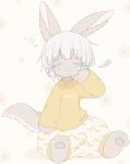  1other :&lt; animal_ear_fluff animal_ears banana_print body_fur brown_fur bubble closed_eyes closed_mouth collared_shirt english_commentary floral_background furry long_sleeves made_in_abyss medium_hair nanachi_(made_in_abyss) other_focus pants print_pants print_shirt puffy_pants rabbit_ears shirt sidelocks sitting sleeves_past_wrists solo tail tatososu whiskers white_background white_hair yellow_shirt 