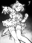  1girl ;d absurdres animal_ears crop_top frilled_skirt frills from_below greyscale highres horse_ears horse_girl horse_tail looking_at_viewer monochrome one_eye_closed sbql_(niaunclefan) short_hair skirt smile solo special_week_(umamusume) tail thigh-highs umamusume wrist_cuffs 