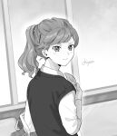  1girl bag chon_chiyon closed_mouth collared_shirt eyelashes greyscale holding holding_paper long_hair long_sleeves looking_at_viewer looking_back monochrome original paper ponytail school_uniform shirt signature solo sweater_vest upper_body 