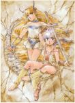  1980s_(style) 2girls arm_up armor blonde_hair blue_eyes character_request creamy_mami fantasy floating_hair highres horns looking_at_viewer mahou_no_tenshi_creamy_mami multiple_girls non-web_source purple_hair retro_artstyle sandals scan sword takada_akemi traditional_media weapon 