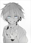  1boy :d blue_eyes collared_shirt commentary_request evil_smile eyes_visible_through_hair greyscale hair_between_eyes hand_up highres looking_at_viewer male_focus mamiya_takuji monochrome motoyon open_mouth shirt short_hair sketch slit_pupils smile solo spiky_hair subarashiki_hibi tsurime upper_body v-shaped_eyebrows 