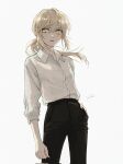  1girl alternate_costume artoria_pendragon_(fate) black_pants blonde_hair collared_shirt commentary_request fate/grand_order fate_(series) floating_hair hair_between_eyes highres pale_skin pants ponytail saber_alter shirt signature simple_background solo white_background white_shirt yellow_eyes yumeko_(fgo39625963) 