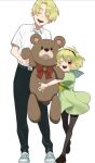 1boy 1girl belt black_hairband black_pants blonde_hair bow brother_and_sister child closed_eyes colored_eyelashes cropped dress full_body green_dress hairband height_difference highres higurashi_no_naku_koro_ni holding holding_stuffed_toy houjou_satoko houjou_satoshi hugging_object large_teddy_bear loafers looking_at_viewer neckerchief official_art open_mouth pants pantyhose parted_bangs red_eyes sailor_collar sailor_dress school_uniform shirt shirt_tucked_in shoes short_hair short_sleeves siblings smile sneakers stuffed_animal stuffed_toy summer_uniform suzuki_jirou teddy_bear teeth third-party_source upper_teeth_only yellow_neckerchief