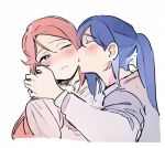  2girls blue_hair blush closed_eyes closed_mouth commentary_request grey_shirt hand_on_another&#039;s_neck kiss kissing_cheek korean_commentary long_hair love_live! love_live!_sunshine!! matsuura_kanan multiple_girls one_eye_closed pito_(sh02327) ponytail redhead sakurauchi_riko shirt simple_background upper_body white_background yuri 