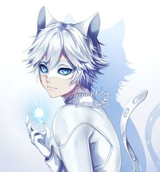  1boy animal_ears artist_name blue_background blue_eyes blue_sclera bodysuit cat_ears cat_tail chat_blanc closed_mouth colored_sclera commentary double-parted_bangs drop_shadow english_commentary eye_mask fingernails flipped_hair gradient_background hair_between_eyes hand_up long_sleeves looking_at_viewer male_focus miraculous_ladybug sasucchi95 sharp_fingernails simple_background solo tail upper_body watermark white_background white_bodysuit white_hair white_tail white_theme 