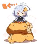  1girl absurdres antenna_hair black_dress black_jacket blush braid breasts closed_mouth dress eating food food-themed_hair_ornament food_on_face grey_hair hair_ornament highres jacket kizuna_akari large_breasts long_hair long_sleeves milkpanda open_clothes open_jacket orange_thighhighs shirt simple_background solo striped_clothes striped_thighhighs thigh-highs twin_braids vertical-striped_clothes vertical-striped_thighhighs voiceroid white_background white_shirt 