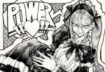 1girl chainsaw_man cross-shaped_pupils demon_horns greyscale hair_between_eyes highres horns kachihoko long_hair looking_at_viewer maid monochrome power_(chainsaw_man) sharp_teeth smile solo symbol-shaped_pupils teeth 