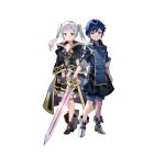  1boy 1girl absurdres aged_down black_coat black_gloves blue_eyes blue_hair braid chrom_(child)_(fire_emblem) chrom_(fire_emblem) coat fingerless_gloves fire_emblem fire_emblem_awakening fire_emblem_heroes frown gloves grey_eyes highres hiiragi_akio holding holding_sword holding_weapon looking_at_viewer official_art robin_(female)_(child)_(fire_emblem) robin_(female)_(fire_emblem) robin_(fire_emblem) smile sword tachi-e twintails v-shaped_eyebrows weapon white_hair 