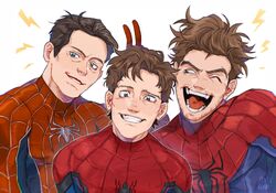  3boys animal_print artist_name blue_bodysuit blue_eyes bodysuit brown_eyes brown_hair covered_collarbone english_commentary facial_hair fang fangs hand_up highres lightning_bolt_symbol looking_at_another looking_at_viewer male_focus marvel marvel_cinematic_universe multiple_boys multiple_persona muscular muscular_male one_eye_closed peter_parker red_bodysuit rorokonaa short_hair simple_background smile spider-man spider-man:_no_way_home spider-man_(series) spider_print spider_web_print standing superhero_costume teeth tongue two-tone_bodysuit upper_body v v-shaped_eyebrows white_background 