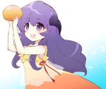  1girl :d alternate_costume arms_up bare_arms blue_background blush commentary_request cream_puff demon_girl demon_horns dress food gradient_background hair_between_eyes hanyuu happy higurashi_no_naku_koro_ni holding holding_food horns long_hair looking_at_food open_mouth orange_dress purple_hair red_ribbon ribbon sidelocks simple_background sleeveless sleeveless_dress smile solo sparkle suzuragi_karin tareme upper_body very_long_hair violet_eyes wavy_hair white_background 