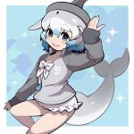  1girl an-chan_(ananna0315) bare_legs blowhole blue_eyes blue_hair blush bow bowtie cetacean_tail common_bottlenose_dolphin_(kemono_friends) cowboy_shot dolphin_girl dorsal_fin fins fish_tail frilled_one-piece_swimsuit frills grey_hair grey_sweater hair_between_eyes head_fins highres japari_symbol kemono_friends kemono_friends_3 long_sleeves looking_at_viewer multicolored_hair official_alternate_costume one-piece_swimsuit open_mouth short_hair sidelocks sleeves_past_wrists smile solo sweater swimsuit tail two-tone_sweater white_bow white_bowtie white_hair white_one-piece_swimsuit 