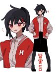  1girl black_hair blush_stickers collared_shirt full_body hair_ornament hands_on_own_hips highres jacket letterman_jacket long_sleeves maco22 multiple_views open_mouth original pantyhose ponytail red_eyes shirt shirt_tucked_in skirt smile translation_request 