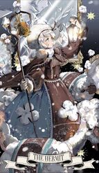  1girl bell blue_eyes boots cookie_run cotton_cookie dress full_body fur-trimmed_dress fur_trim highres holding holding_lantern holding_staff humanization lantern long_sleeves notonlyasheep personification sheep shepherd&#039;s_crook snow solo staff standing white_hair 