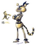  barefoot bodypaint commentary crossed_arms electabuzz fangs full_body hat highres looking_ahead personification pokemon pokemon_(creature) reference_inset shorts spiked_anklet tail tamtamdi topless_male translated white_background yellow_hat yellow_shorts 