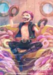  1boy aged_down bisaiiiii black_jacket black_pants charlotte_katakuri child copyright_name doughnut english_text food food_on_face holding holding_food indoors jacket leather leather_jacket leather_pants male_focus official_art one_piece one_piece_card_game open_clothes open_mouth oversized_food oversized_object pants redhead sharp_teeth short_hair sitting sleeveless sleeveless_jacket smile stitches teeth tongue tongue_out too_much_food 