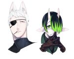  2boys animal_ear_fluff animal_ears black_eyes black_hair brown_gloves cigarette colored_skin commentary_request eyepatch fox_boy fox_ears gloves green_eyes green_hair hair_over_one_eye hands_up highres horns looking_at_viewer male_focus monster_boy mouth_hold multicolored_eyes multiple_boys original pointy_ears portrait red_eyes ringed_eyes sharp_teeth short_eyebrows short_hair simple_background skin-covered_horns slit_pupils squinting steepled_fingers teeth two-tone_eyes very_short_hair white_background white_hair white_skin zzb_azz 