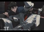  2boys black_hair black_shirt blue_eyes blue_jacket blue_ribbon collared_shirt commentary couch cup drinking_glass gas_mask gloves gun hat hat_ribbon holding holding_gun holding_weapon jacket kaitou_kid kidkuroba4869 kudou_shin&#039;ichi letterboxed long_sleeves male_focus mask meitantei_conan multiple_boys necktie on_couch pants pointing red_necktie ribbon shirt short_hair sitting suit_jacket symbol-only_commentary top_hat twitter_username watermark weapon white_gloves white_hat white_jacket white_pants 