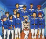  1970s_(style) 1980s_(style) 1girl amuro_ray black_hair blue_hair brown_hair earth_federation gundam hat kai_shiden kawamoto_toshihiro key_visual matilda_ajan mobile_suit_gundam multiple_boys official_art photobomb production_art promotional_art redhead retro_artstyle scan science_fiction sitting size_difference soldier spacecraft_interior teeth traditional_media uniform white_base 