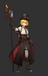  1girl blonde_hair boots brown_footwear brown_gloves brown_hat brown_overskirt collared_shirt commentary don_quixote_(project_moon) elbow_gloves full_body gloves goggles goggles_on_headwear grey_background hat highres holding holding_staff jason_kim looking_at_viewer necktie overskirt pants project_moon red_eyes red_necktie shirt short_hair simple_background smile solo staff standing steampunk top_hat white_pants white_shirt 