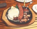  artist_name commentary dated_commentary english_commentary food food_focus hamburger_steak meat nabatame_kazutaka no_humans original plate sauce sausage spoon still_life table 
