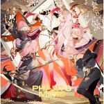  5girls album_cover animal_ear_fluff animal_ears barefoot black_nails black_tiara cat_ears cover english_text holding holding_scythe holding_weapon hololive hololive_english kneeling looking_at_viewer microphone mori_calliope mori_calliope_(1st_costume) mori_calliope_(jigoku_6) mori_calliope_(new_year) multiple_girls multiple_persona official_art pink_hair rei_(sanbonzakura) scythe tiara weapon 