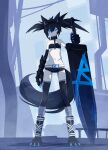  32zzz animal_ears black_bra black_gloves black_hair black_hairband black_rock_shooter black_rock_shooter_(character) black_shorts black_thighhighs blue_eyes bra chain claws collar elbow_gloves gloves hair_between_eyes hairband highres navel scar scar_on_chest scar_on_stomach short_shorts shorts sidelocks stitches tail thigh-highs twintails underwear uneven_twintails wolf_ears wolf_tail 