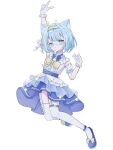  1girl :o animal_ears aqua_brooch arm_up blue_bow blue_footwear blue_hair blue_skirt blunt_bangs bow breasts cat_ears cat_girl detached_sleeves dress fang full_body glasses gloves hair_ornament headband highres idol_clothes iro_iro_iroo jelly_hoshiumi looking_at_viewer medium_hair phase_connect puffy_detached_sleeves puffy_sleeves skin_fang skirt small_breasts thigh-highs v virtual_youtuber white_background white_dress white_gloves white_thighhighs yellow_bow yellow_headband 