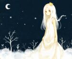  1girl albino bare_tree black_background black_sky crescent_moon crown dress long_hair looking_at_viewer mikanniro mini_crown moon night night_sky original red_eyes skirt_hold sky solo standing star_(sky) star_(symbol) tree white_dress white_hair white_theme 