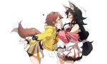  2girls animal_ear_fluff animal_ears black_hair blush breasts brown_eyes brown_hair closed_eyes dog_ears dog_tail extra_ears hair_ornament heart highres hololive inugami_korone jacket kito_koruta leaning_forward long_hair looking_at_another medium_breasts multicolored_hair multiple_girls off_shoulder ookami_mio open_clothes open_jacket open_mouth redhead sidelocks simple_background skirt snoot_challenge standing streaked_hair tail tail_wagging very_long_hair virtual_youtuber white_background white_skirt wolf_ears x_hair_ornament yellow_jacket 