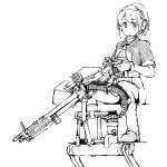  1girl commentary_request ear_protection greyscale gun headphones intrepid_(kancolle) kantai_collection machine_gun military_uniform monochrome neckerchief ponytail short_hair short_sleeves sitting solo task_(s_task80) uniform weapon weapon_request 