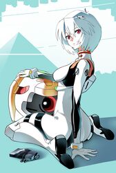  1girl absurdres arm_support ass ayanami_rei blue_hair bodysuit breasts curvy eva_00 expressionless full_body helmet highres huge_ass looking_at_viewer looking_back medium_breasts neon_genesis_evangelion red_eyes shiny_clothes shiroerisu short_hair simple_background sitting solo white_bodysuit wide_hips 